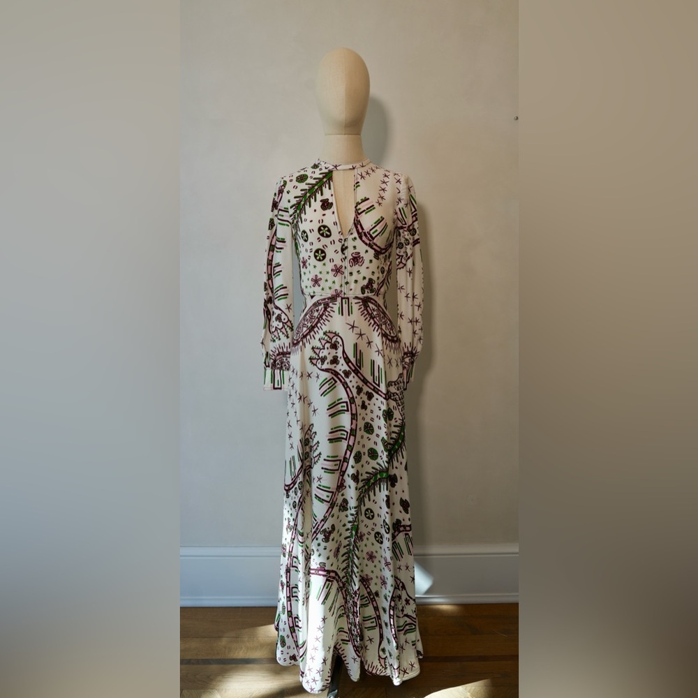 Valentino Pink Printed Long Sleeve V-Neck Maxi Dress with Green & Purple Accents